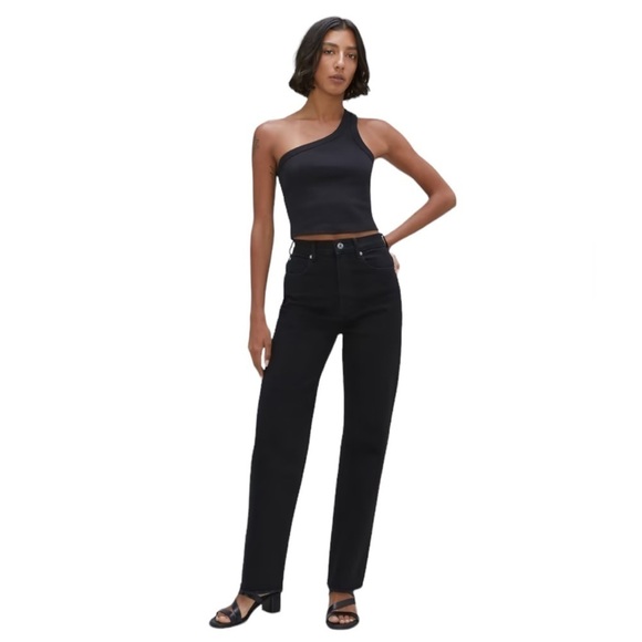 NEW EVERLANE Way-High Jean High-Rise Straight Leg Frayed Hem Coal Black Size 30L - Picture 1 of 14